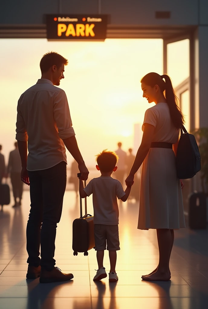 Generate a photo where boy is saying good bye to his family he has trolly bag in his hand. In front of him his parents mother and father are there. In back side of the boy there is airport. Show pov from backside of parents . Boy is 1 show parents in front of boy not with him. Show airport entrance gate behind boy