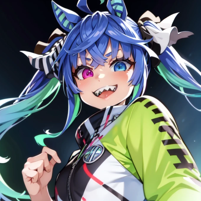 (​masterpiece,top-quality,hight resolution,Unity 8k,extremely details CG:1,Best Picture), ((cute)), illustration in the style of asanagi,live stage,perfect lighting,smiley face, grin, Tongue out, Twin_Turbo_Umamusume,(aqua hair, twintails, heterochromia, purple eyes, blue eyes, sharp teeth),an14, SimpleNegativeV3,