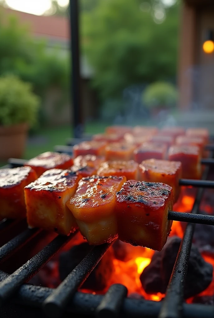 Meat skewers grilling on the barbecue, meat only