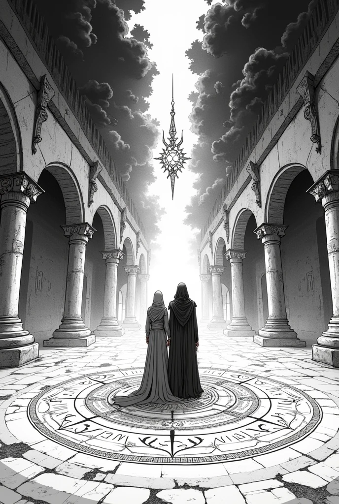 Create a lineart illustration Setting: Show the preparation for a necromancy ritual, with magical elements, symbols, and enchantments surrounding Dhorion and Mel. Include a high-tension setting with magical shadows and lights, highlighting the seriousness of the ritual and the need for precision.