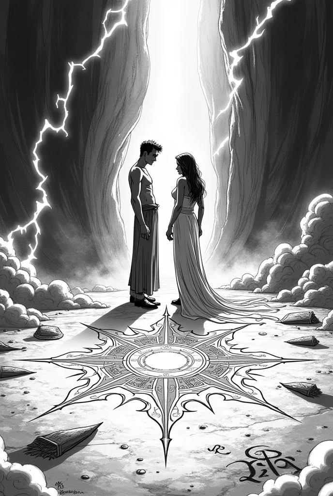Create a lineart illustration Setting: Show the preparation for a necromancy ritual, with magical elements, symbols, and enchantments surrounding Dhorion and Mel. Include a high-tension setting with magical shadows and lights, highlighting the seriousness of the ritual and the need for precision.