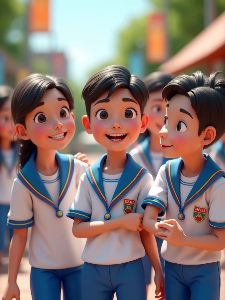 An ultra-realistic 3D image of a group of diverse students, aged 10 to 18, wearing school uniforms that match the provided design. The uniforms consist of white shirts with blue trim on the sleeves and collar, featuring three intertwined thin stripes—red, green, and yellow—across the chest, along with blue pants. The shirts also include a crest or emblem similar to the one shown in the image. The students are captured in an outdoor setting, engaging in joyful activities like laughing, talking, and studying together. The characters are rendered with lifelike details, including realistic facial expressions and textures. The scene is bright and inviting, with subtle decorations in the background promoting Statewide Student Week. The image is rendered in 8K resolution, ideal for a promotional campaign."