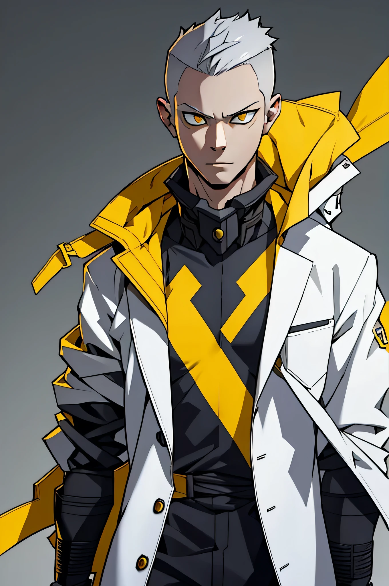 boy, shaved hair, grey hair, sharp eyes, yellow eyes, standing position, white coat, best quality, expressive eyes, perfect face, full shot, masterpiece, 4K, 8K