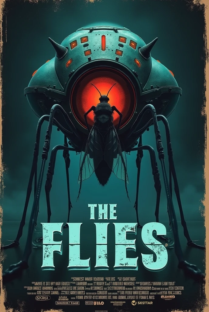 A poster for a movie from the eighties that looks like the poster for The Fly, In the image a mechanical cocoon type machine that is opening, the legs of a real fly emerging inside, The entire poster is in black and blue colors, as a title the words the flies