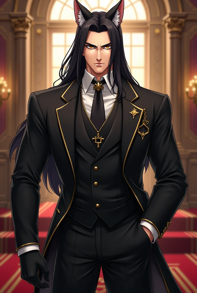 Create an anime style image of my character: It's called Dahak, lives on earth. stomach 1.97, Her hair is black and long to her waist. Her skin is white with pink undertones.. His eyes are golden and his pupils are slanted like those of a feline.. He is 2. His body type is inverted triangle. (shoulders wider than hips), Your somatotype is mesomorphic, He is muscular and strong. He has a serious and attractive expression.. He is dressed in an elegant black suit with gold details., and a yellow vest. His jacket has a gold chain clasp.. It has no horns or wings.. He has black leather gloves on his hands.. She has bushy eyebrows and thick, beautiful eyelashes.. He is very handsome. And it's in his 1800's Victorian style mansion. He looks handsome. And his features are masculine.