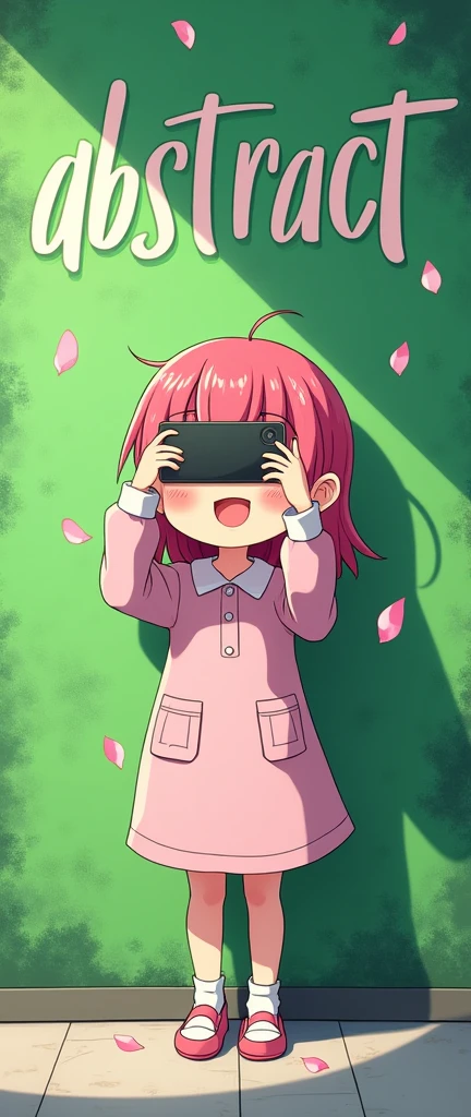 anime sakura taking a selfie with a green wall with the word ABSTRACT letters which is written on the wall clearly 
