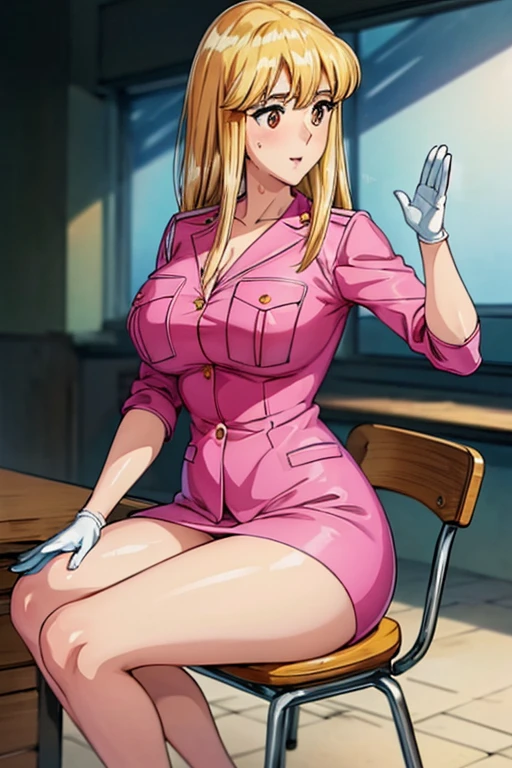 nsfw:1.5, 10 heads, anime style, policewoman, (female police officer), pink uniform, pink high heels, old policewoman hat, very short mini skirt, erect nipples, cleavage: 1.5, ((show her) breasts )), ((Dirty face: 1.3)), (Beautiful saggy medium breasts: 1.5), (Mature woman), Naka Reiko, blonde hair,, (Brown eyes: 1.2),, (Medium breasts: 1.5 ),shiny,hair,((alone)),((masterpiece)),((highest quality)),perfect anatomy,slim waist,perfect image,8k ultra high definition,(attention to detail: 1.5),highly detailed face Bottom, sitting on a chair, exposing long legs. (Full body: 1.1), (Look at the front: 1.1), one hand raised and waving (palms open and together). (Hands wear white elbow latex gloves), super detailed, absurd, high resolution, (shiny hair), background classroom, ((exquisitely unhappy)), information, side view