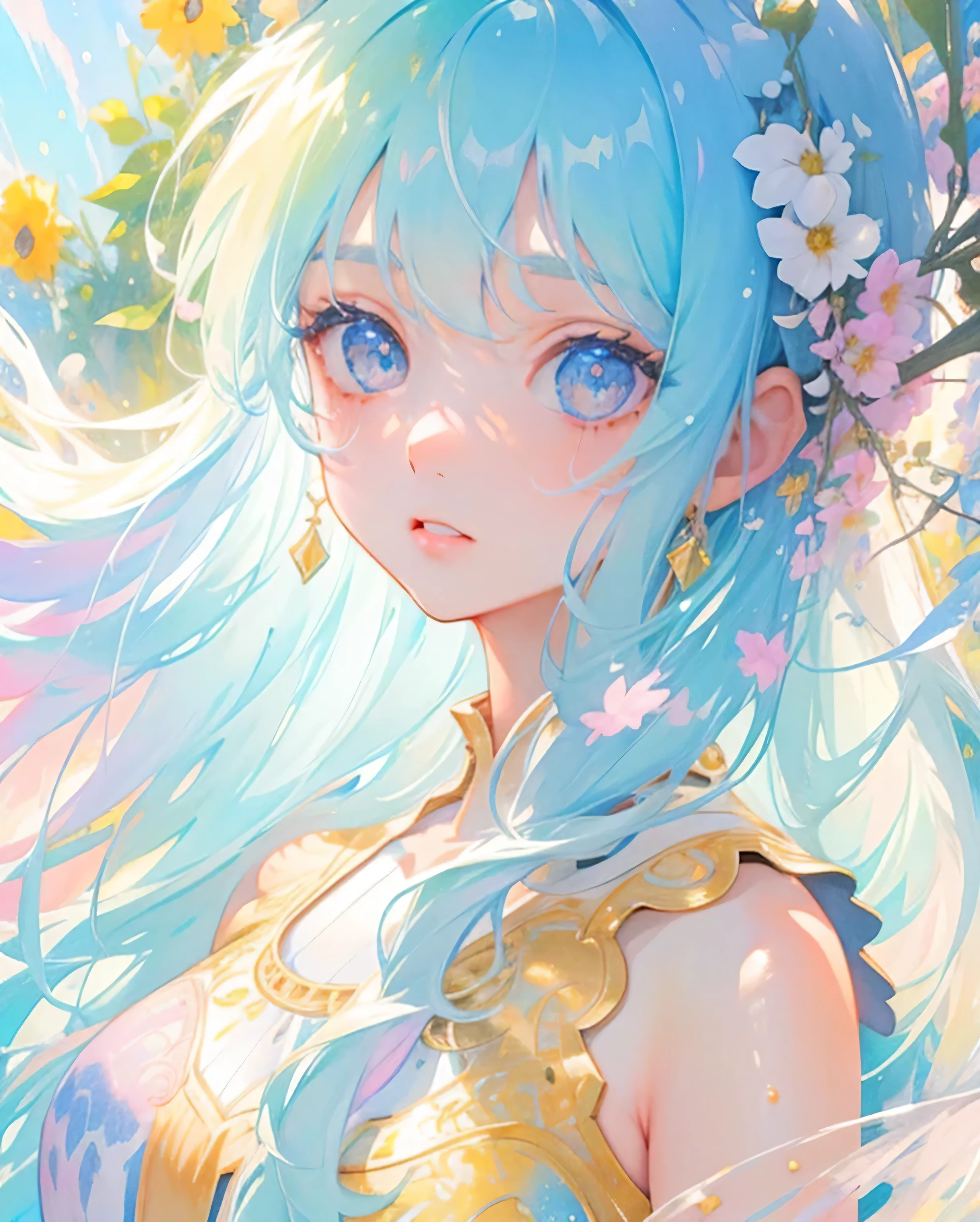 masterpiece, Best Quality, 16K resolution, sharp focus, intricate detail, beautiful girl, sparkling eyes, golden ratio face, watercolor, pastel colours, bright colors, showy, sharp focus, High resolution, good detail, liquid dress, rounded eyes, iridescent bubbles, fine hands, Upper body shot, 