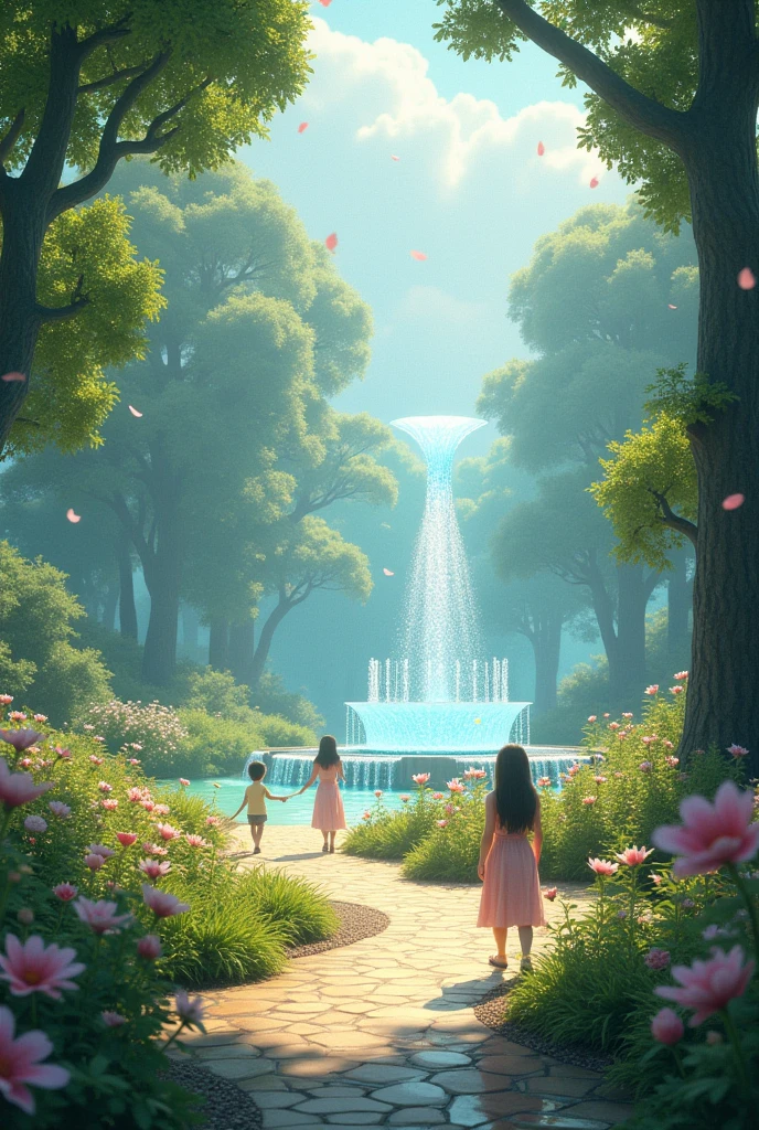 A garden with a walking path in the middle with a water fountain falling from the sky
