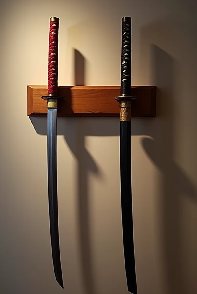 ((best quality)), ((masterpiece)), (detailed), A katana wall holder from the front which is made of wood which lifts 2 katana without a case, one katana is red black the other gold black the holder ha to arms that holds kne of the kartana