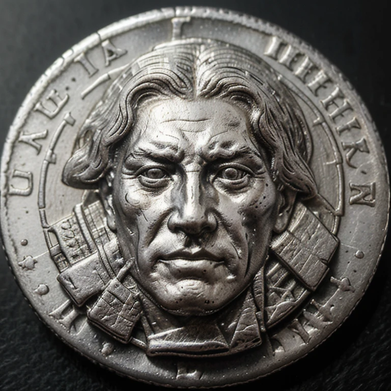 (Front view) of a realistic old silver coin with a beautifully grabbed face of a suffering ancient man on it, the coin has the word ''FORTUNE'' on it
