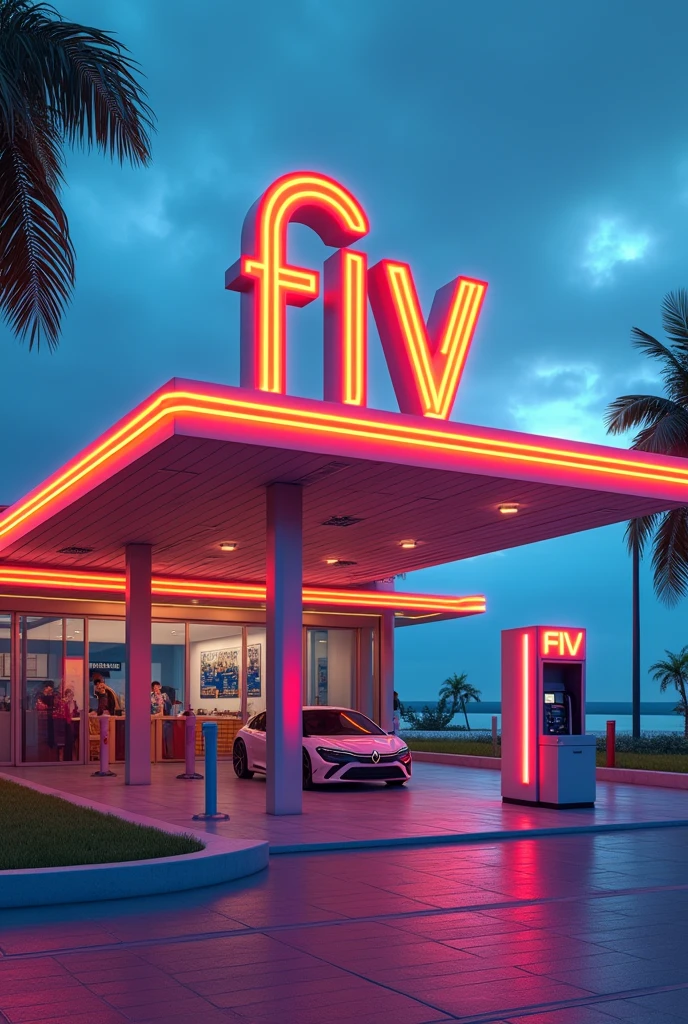 A logo of a gas station called FIV, with capital letters, using bright colors and its location Chimbote-Peru, You can put drawings like something allusive to a gas station