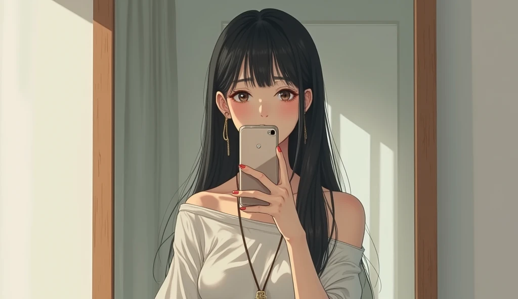 Japanese woman with straight hair,middle, Clara taking a selfie in a full-length mirror in high resolution, bangs, High-resolution model, Very detailed, Retina,