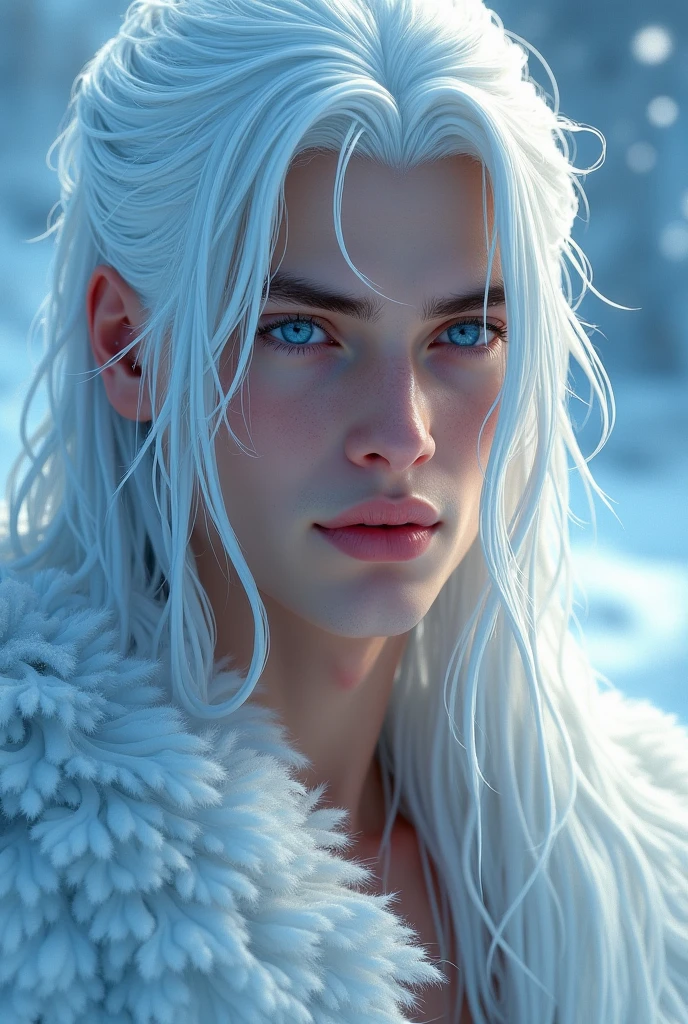a young man in his twenties, he is from fantasy world , he is king in ice kingdom, he has beautiful stunnig icy blue big eyes, he has long straight white as snow hair, his face is strong and his facial features are strong he doesnt have hair on his face, he is the most beautiful ice king that ever existed, he is very masculine, he is tall and very very strong, he is just fantastical