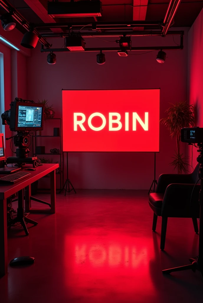 creat an image of YouTube studio room with a subtle neon red board with statement in bold "Robin" . make sure that none of the letters in the text is misspelled .