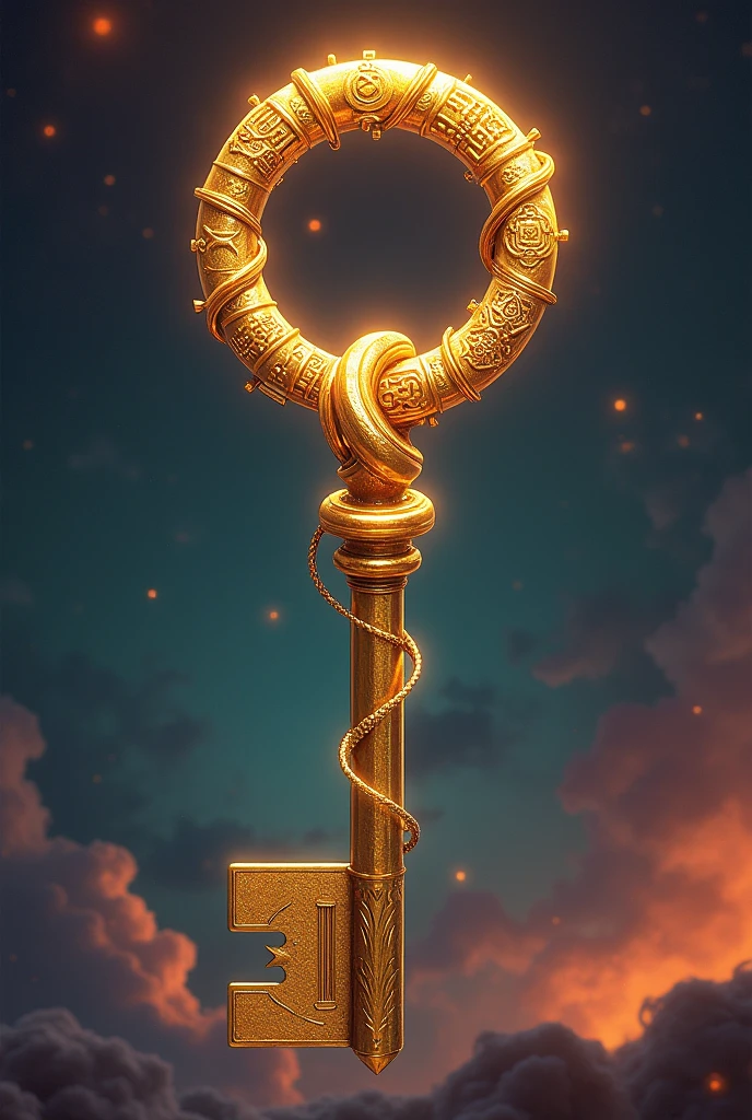 Infinity Key Design On one end A ring intertwined with symbols from different cultures. The key has to be a golden color. Design it manga style