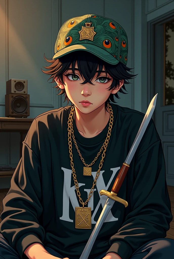 ager man, image only half body, Hip hop style head cap with peacock print, black eyes, standing in a room with grey walls with black furniture and bright lights, slave chain with the initial Arx in gold, Loose black sweatshirt with a print in the center written ANGEL in white, interior, soft light, close relaxed pose, grabbed a knife that says ARX on the handle, In the background a music system, anime realist, warm colors, by Greg Rutkowski, by Alphonse Mucha