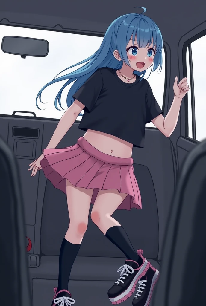 Girl with long blue hair, black t-shirt, pink skirt, black knee socks and goth lolli kawai shoes
 in a car pumping the Pendel belly-free 
