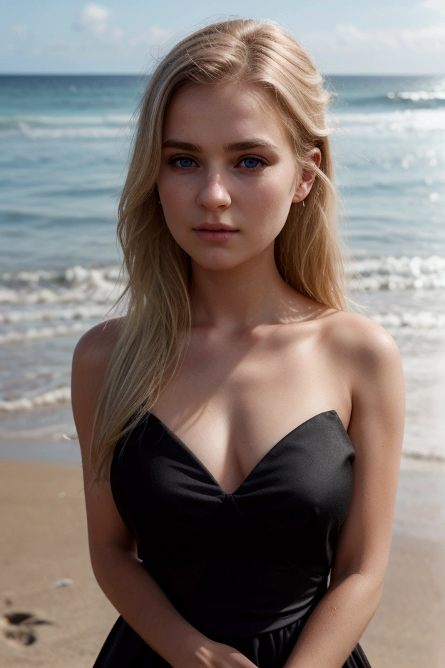 ultra realistic, 4K, photo professionnelle, fille de 20 ans, black dress, blond hair, Detailed face, beach background, realistic background, photo realistic, photo prise de loin