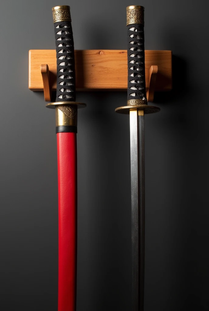 ((best quality)), ((masterpiece)), (detailed), A katana wall holder from the front which is made of wood which lifts 2 katana without a case, one katana is red black the other gold black the holder ha to arms that holds kne of the kartana