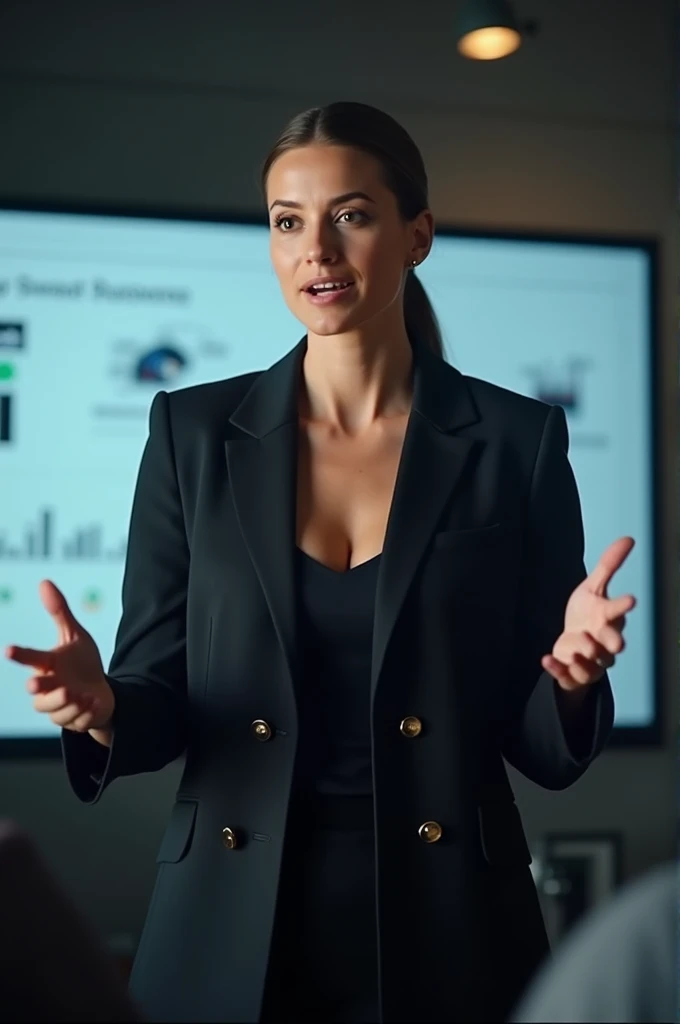 "A confident and fearless woman entrepreneur, dressed in a stylish black blazer, stands in front of a large presentation screen. She exudes self-dependence and authority as she delivers a powerful presentation with poise and confidence. The screen behind her displays key data points and visuals, highlighting her role as a boss leader in a high-stakes environment." realistic image