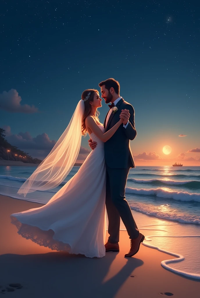 Make two newlyweds dancing on the beach at night