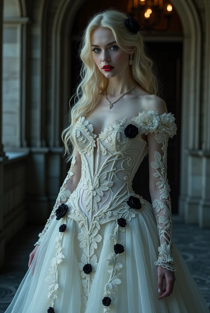 Larry Elmore art,  a picture of a female vampire, exquisite beauty, full body shot, dark glamour shot,  pale white skin, dark blond hair, long hair, wavy hair, blood red lips, glowing grey eyes,  she  wears a (white lace dress: 1.3) exquisite, beautiful, half sheer dress, ((white lace: 1.5)) dress (intense details, Masterpiece, best quality: 1.5), ArmoredDress, the roses are imprinted on the dress (black: 1.4)  black roses betmd, high heells, dark castle porchm, dark, black and color