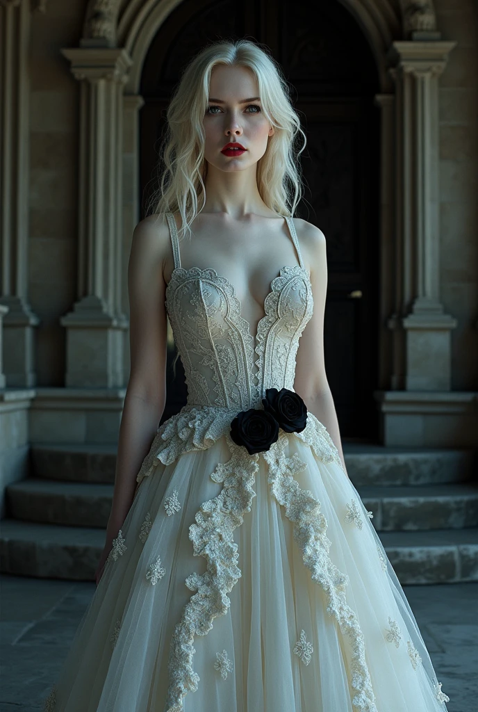 Larry Elmore art, a picture of a female vampire, exquisite beauty, full body shot, dark glamour shot, pale white skin, dark blond hair, long hair, wavy hair, blood red lips, glowing grey eyes, she wears a (white lace dress: 1.3) exquisite, beautiful, half sheer dress, ((white lace: 1.5)) dress (intense details, Masterpiece, best quality: 1.5), ArmoredDress, the roses are imprinted on the dress (black: 1.4) black roses betmd, high heells, dark castle porchm, dark, black and color