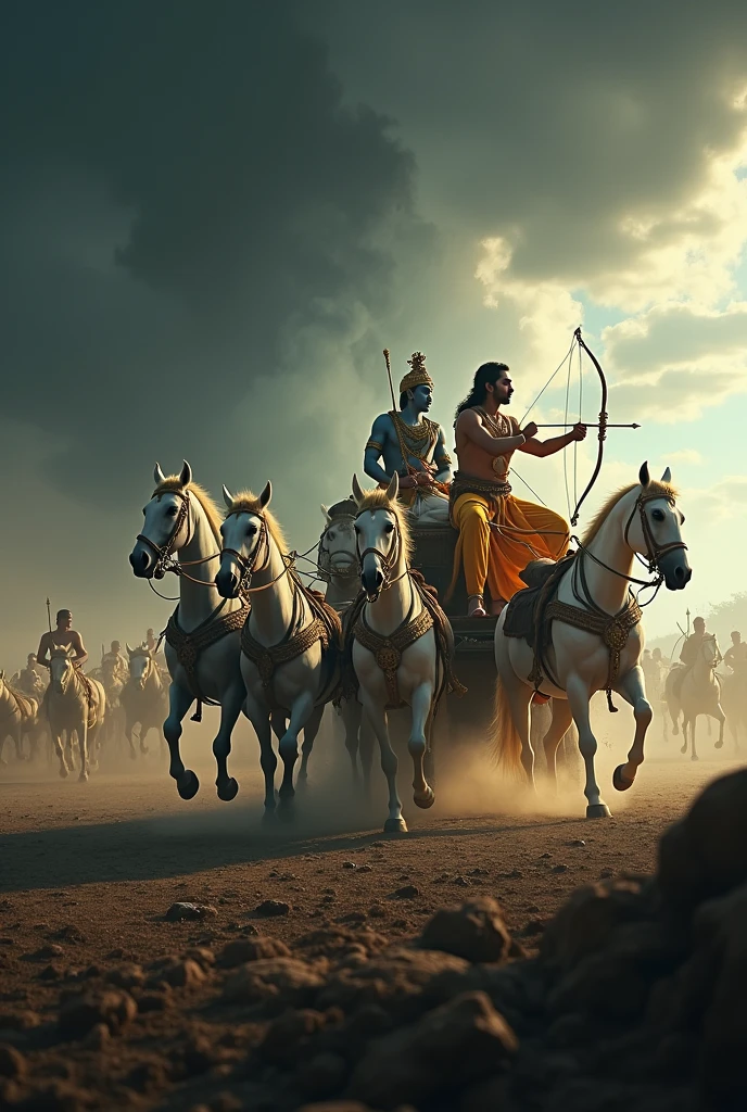 Lord Krishna is driving the 7 horses chariot and Arjun is standing on the chariot and shooting the bow and Krishna has Sudarshan Chakra in his finger. In very dangerous war field and black clouds