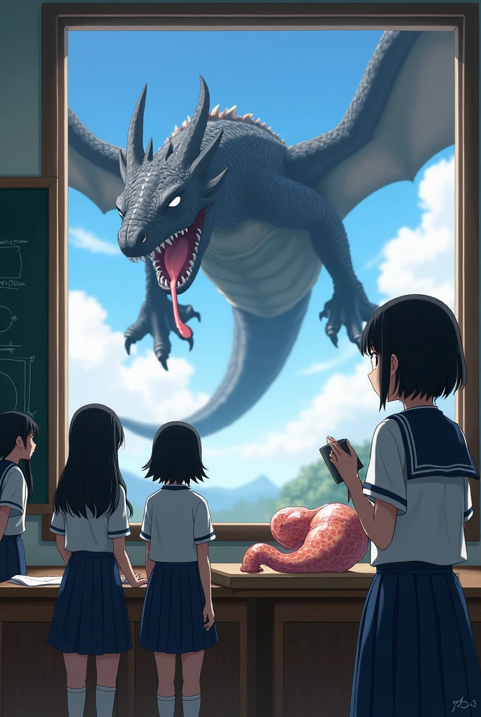 A black-haired Japanese girl in a school uniform is in a classroom. She is studying the digestive system. :: There are 5 female students in school uniforms. :: 1 Japanese female teacher :: The board has a picture of the stomach. :: There is a model of a stomach on the table. :: She looked out the window. :: There was a black dragon in the sky with four feet, a long tongue, and a mouth full of saliva. , Have wings , Big belly (((full body))) (((realistic)))