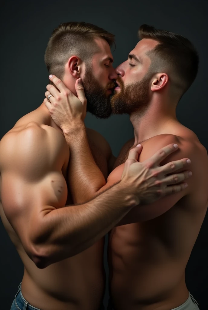 a robust man, muscular and hairy, gordo, with huge erect penis, completely naked and sexy, practicing oral sex on another man as well