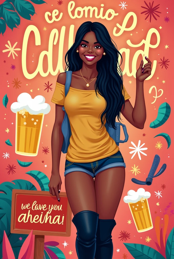 Make a happy birthday card with bright and colorful colors, with clear text and in Spanish, 
Add a beer sticker and a sign that says " We love you chela "
  Put the image of a woman with dark skin and a big smile with long straight hair, shorts and long black boots. The image should not cover the text