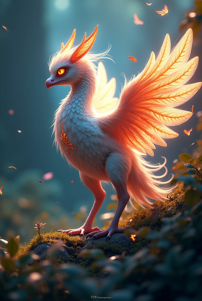 a beautiful magical fantastical creature,highly detailed,hyperrealistic,intricate patterns,detailed textures,glowing ethereal eyes,intricate wings,flowing magical energy,radiant colorful feathers,magical natural environment,lush foliage,dramatic lighting,vivid colors,cinematic composition,award winning digital art