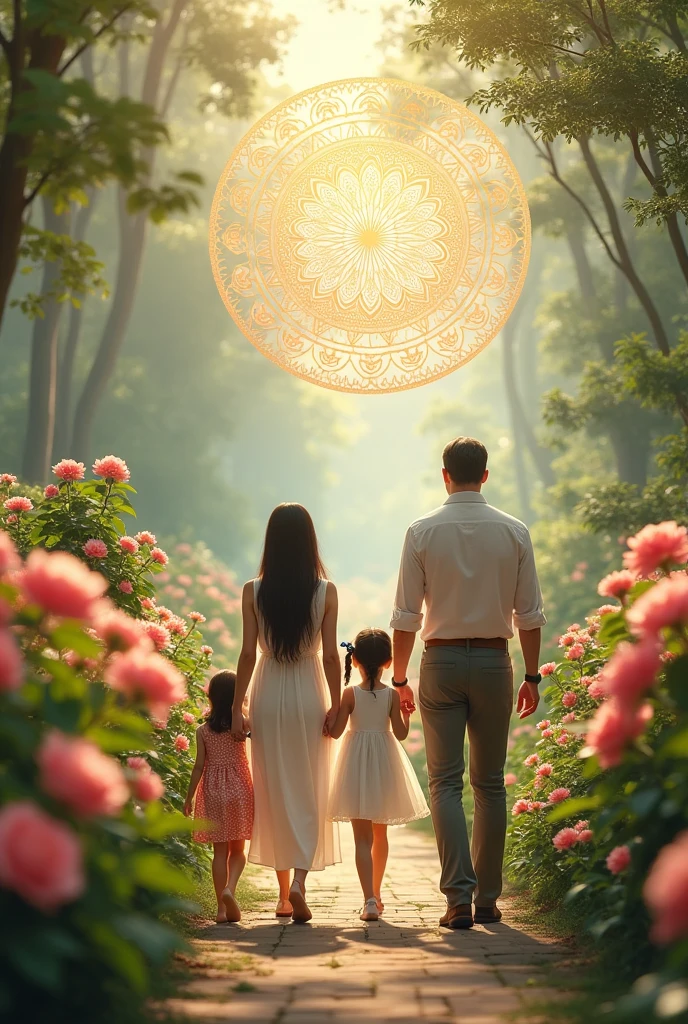 Lineage of a family in single file, walking in a rose garden towards the future, mandalas with light tones, The best picture quality
