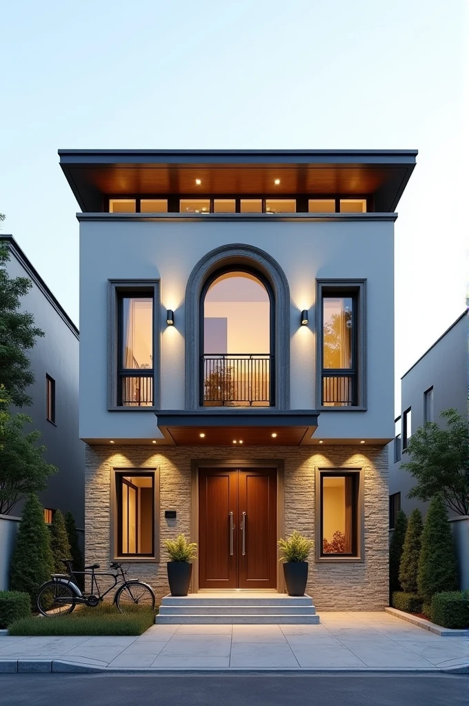 Design the front view of a flat-type house with a main gate in the center and two windows on either side. The house is 45 feet long and 80 feet wide, with an 8-foot area in front for bike parking. The design should include elements like stone cladding around the entrance, arched windows with decorative molding, and an extended roof overhang. The overall style should be modern and elegant, with a balanced and symmetrical appearance. Additional we have made till ground one and we want to make next two floor sonas per that share some home ideas