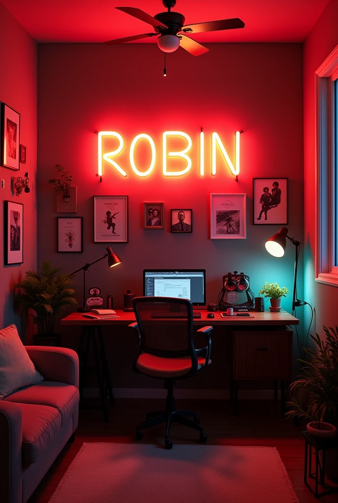 creat an image of YouTube studio room with a subtle neon board with statement in bold "Robin" . make sure that none of the letters in the text is misspelled .