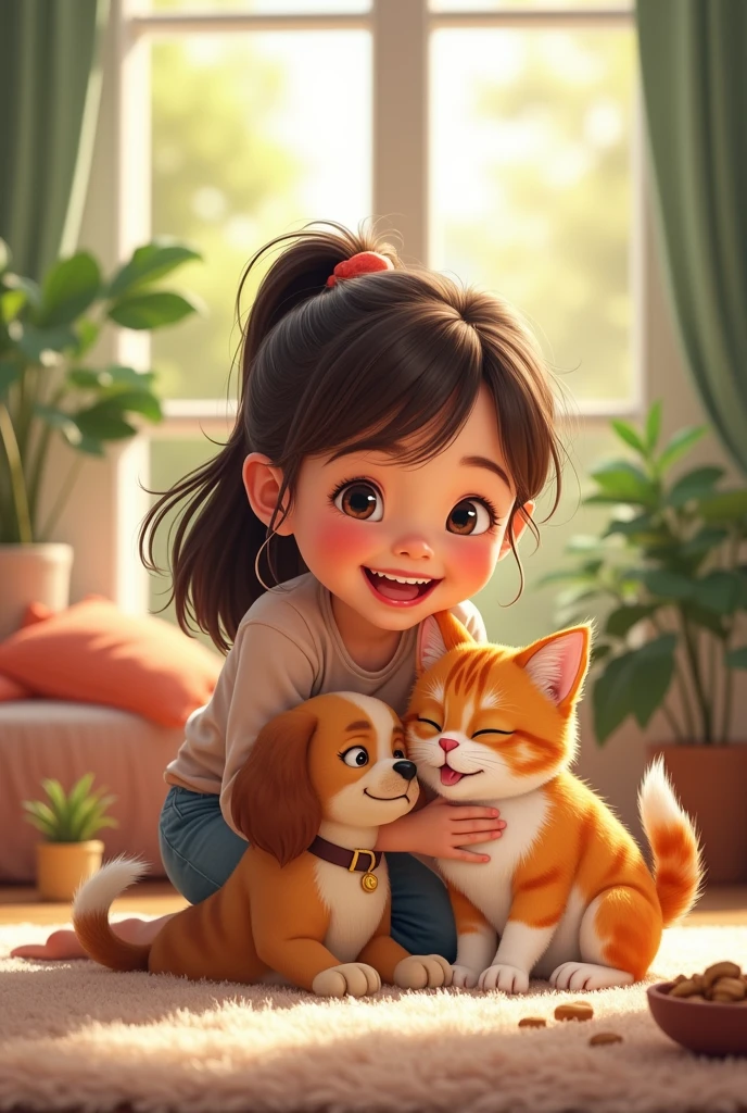 Girl plays with her dog and cat 
