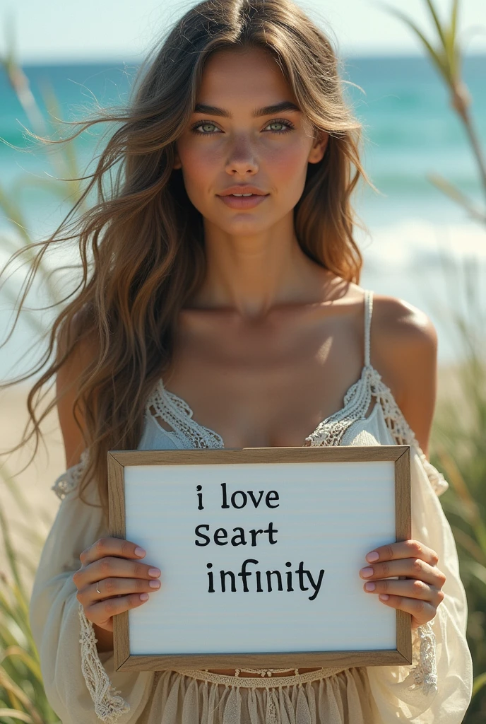 Beautiful girl with wavy long hair, bohemian dress, holding a white board with text "I Love Seaart Infinity" and showing it to the viewer
