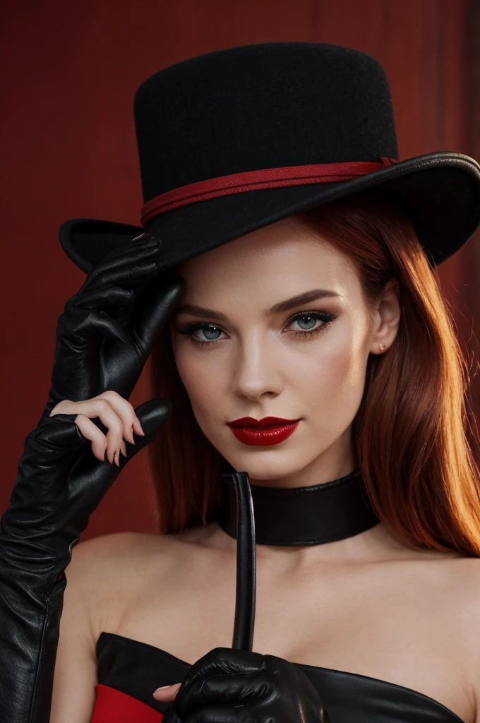 a close-up portrait of a young woman wearing a wide-brimmed black hat and gloves. She is holding a whip in her right hand and her left hand making the gesture of silence with a gloved finger on her lips. The woman has long red hair and is wearing bright red lipstick. Her eyes are not visible, they are covered by the hat. The background is blurred, so the focus is on the woman and the whip. The overall mood of the image is dark and mysterious.