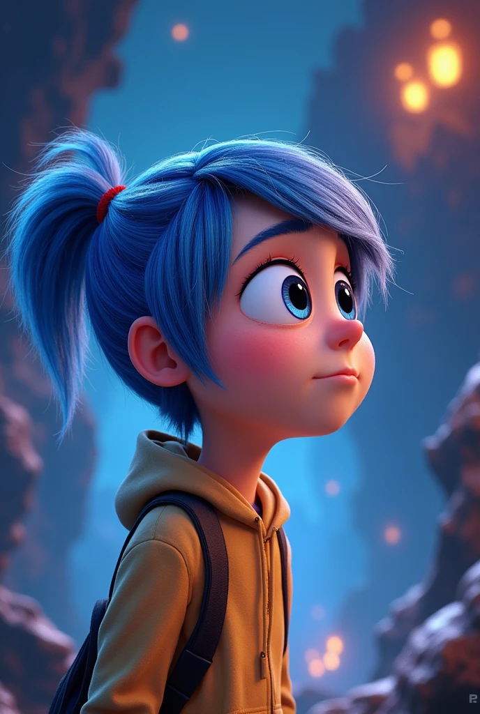 Character inspired by the thrill of suspense in the style of the cartoon type from the movie “Inside Out”, with gray hair, Let it be and be representative with your mouth closed