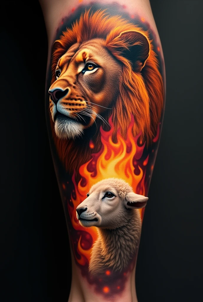 Tattoo of a lion's face looking to the left. A lamb's face below looking to the right and a large flame between them.