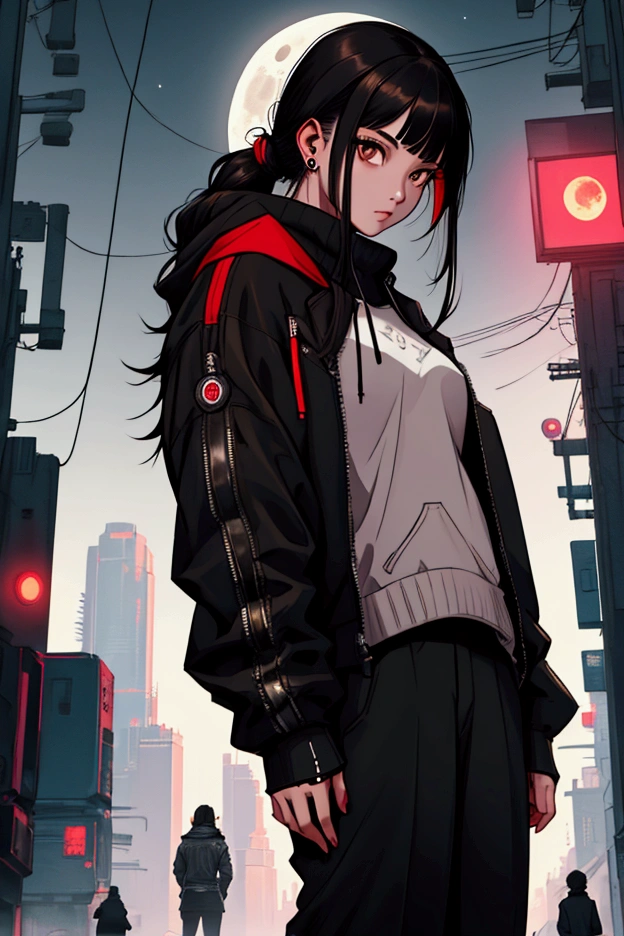 1 girl with black chinos, Brown eyes, Black sweatshirt with the moon in the background, cyberpunk style, edgeruneers