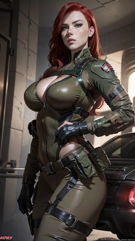 Scarlett from G.I. Joe in a sexy, low-cut military outfit. Sexy face. Red hair and freckles on her face. Busty