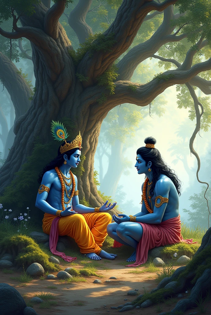 Lord krisna and lord Shiva sit in the tree and gosep together