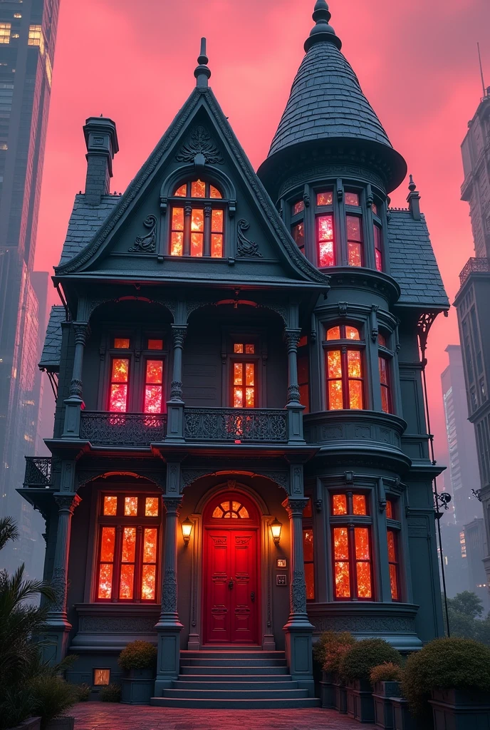 Victorian style cyberpunk house with red door and windows.

