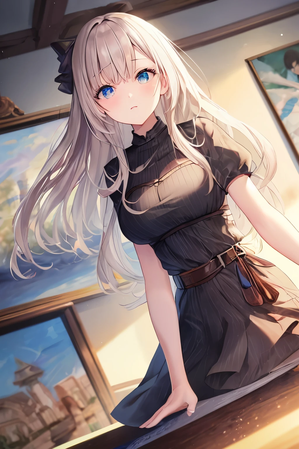 (Tabletop.Highest quality).(Dynamic Angle). (Amazingly detailed CG paintings),(Perfect image)、Comic Strip.shape.one person's.Detailed face、Perfect Face.Delicate face、Girl in delicate clothes、Textured skin、Black Hair.length、(Horse-eared girl)Horse-eared girl、((Beautiful Blue Eyes)).Delicate and beautiful eyes、The eyes are detailed、Reflected Eyes、Watery eye、smile.(Gazing at the audience:1.3).(Face is a little red:0.8)、8k wallpaper、Cowboy Shot、reflected light、Highest detail、Complex、Delicate background、Textured skin、Detailed skin、(Ultra-high resolution)、