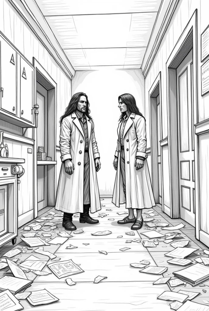 Create a lineart illustration Scene: Create a scene with Dhorion and Mel in the hallway of the laboratory or office, surrounded by documents and dark magic equipment. Add a touch of visible dark magic to the environment, such as an aura or runes, to show the intensity and importance of the situation.