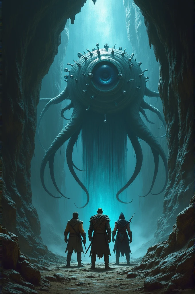 Imagine a dark, damp cave, with irregular stone walls. In the center of the scene, there is a Tyrant of Death, a floating, threatening shape, a cadaverous creature with a giant eye and several eye tentacles surrounding its head. He emits a terrifying aura.
In front of the Tyrant of Death, are the three adventurers:
An Orc Warrior, a Mage and a Barbarian
