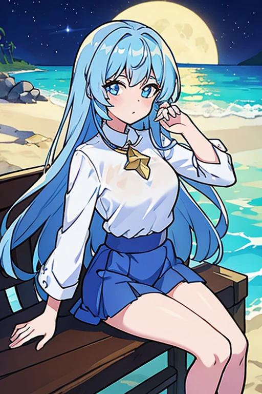 high quality image, anime style, a young woman, nineteen years, He is 168 cm tall and his measurements are: B 55, W 35 y H 85, She has diamond blue hair, Very detailed sapphire blue eyes with stars, is thinking, She is sitting on the sand of the beach, midnight, poor light, full moon and starry sky, white oversized shirt, a Garnett bikini, plano lateral
