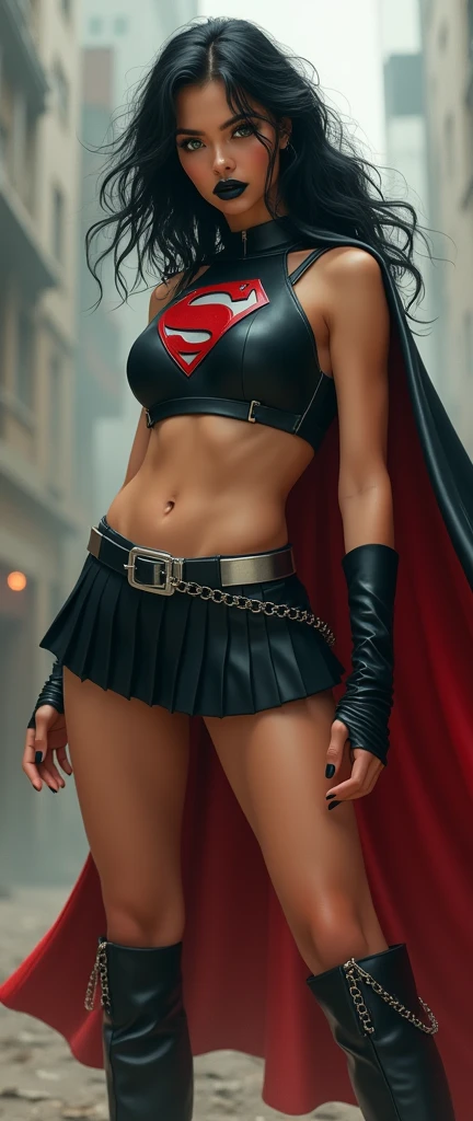 A FULL BODY VIEW OF A SEXY BUSTY FEMALE WITH DREAMY GREEN EYES AND MEDIUM MESSY BLACK HAIR WEARING A SLEEK BLACK SPANDEX LONG-SLEEVED SUPERGIRL CROP=TOP WITH A METALIC SILVER "S" EMBLEM ON THE CHEST, A SHORT BLACK PLEATED SKIRT WITH A SILVER LEATHER BELT, BLACK HIGH HEELED SUPERGIRL BOOTS, AND A LONG 2 TONE BLACK AND RED SUPERGIRL CAPE WITH SILVER TRIM. NOSE PIERCING, BELLY PIERCING, BLACK LIPSTICK, BLACK FINGERNAILS, INCREDIBLY DETAILED SKIN, INCREDIBLEY DETAILED FACE, INCREDIDBLEY DETAILED CLOTHING, TEXTURED SKIN PORES, TEXTURED HAIR, 8K ABSURD RESOLUTION, MASTERPIECE. PHOTO REALSITIC, HYPER REALISTIC. CHAOTIC BACKGROUND.